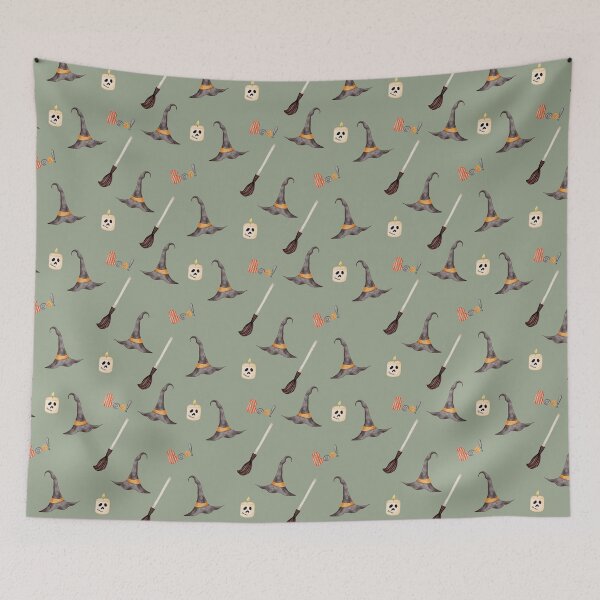 Item preview, Cute Watercolor Witch Hat and Magic Broom Dark Olive Pattern designed and sold by svitlaarty.