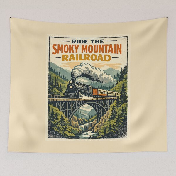 Item preview, Smoky Mountain Railroad Vintage Steam Train Travel Poster | Retro Mountain Bridge Train Art designed and sold by Globalcitytees.