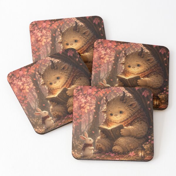 Item preview, Autumn Story Time – Cozy Monster & Bunny Reading Magic Book in Fall Forest Art Print designed and sold by @SHINTOSARTSTORE.