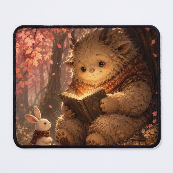 Item preview, Autumn Story Time – Cozy Monster & Bunny Reading Magic Book in Fall Forest Art Print designed and sold by @SHINTOSARTSTORE.