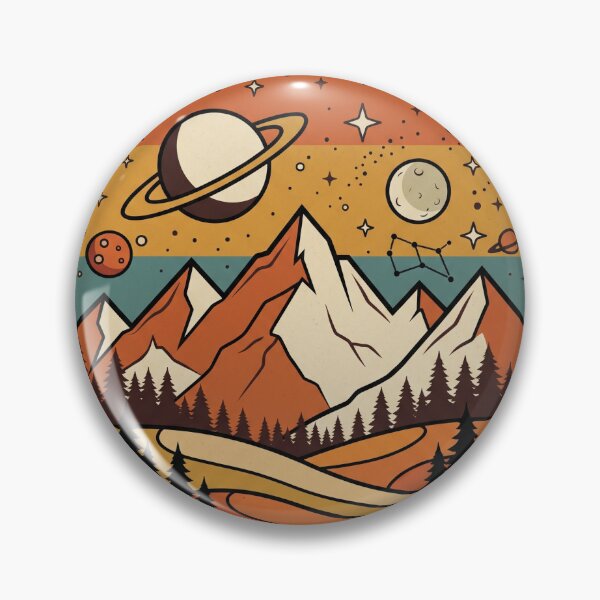 Item preview, Retro Cosmic Mountain Sunset Badge designed and sold by CodePaws Creations.