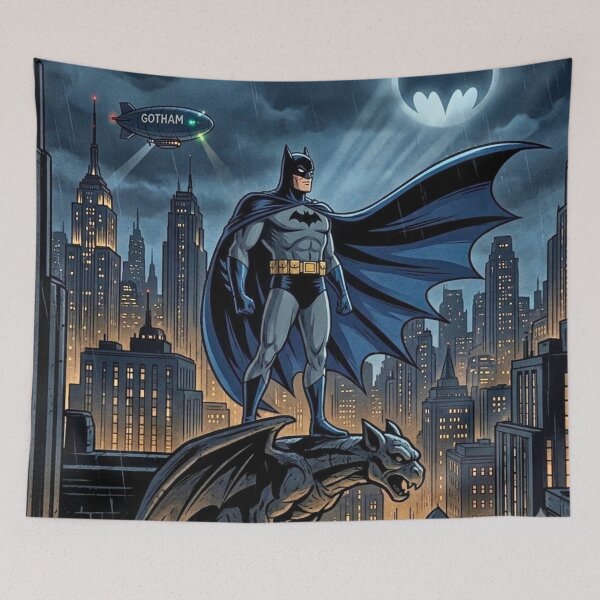 Item preview, Dark Knight Guardian Over Gotham City | Epic Superhero Comic Art | Night Skyline Illustration designed and sold by lavanya11.