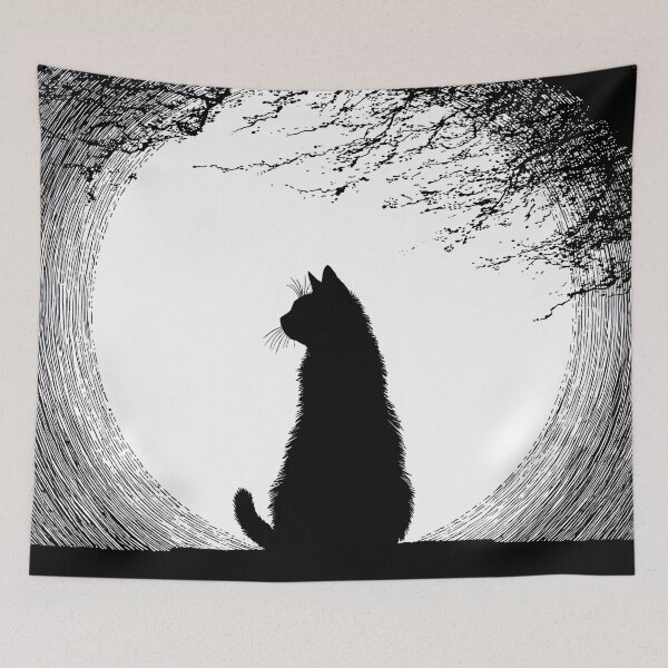 Item preview, Black Cat Silhouette Full Moon Woodcut Linocut Engraving Art designed and sold by GrinGalore.