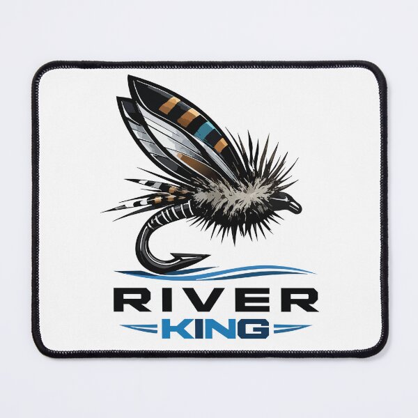 Item preview, Fly fishing illustration, logo style, text "River King". dry fly. designed and sold by Art-Horizon.