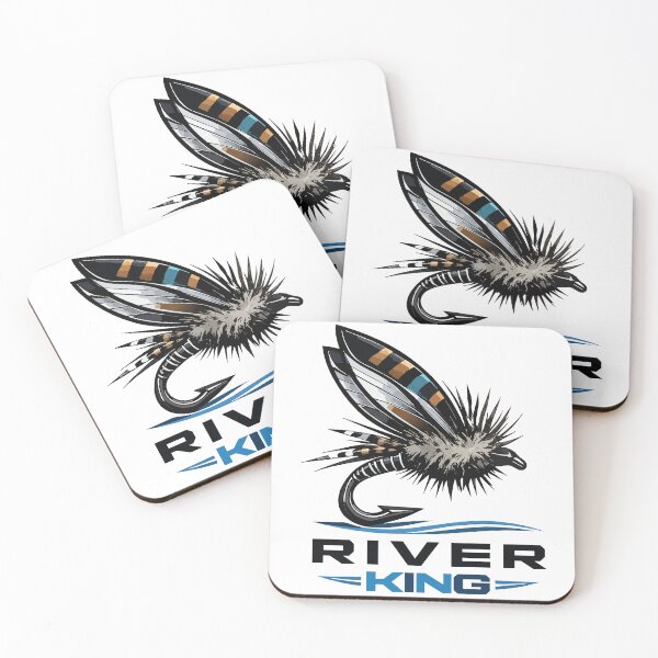 Item preview, Fly fishing illustration, logo style, text "River King". dry fly. designed and sold by Art-Horizon.