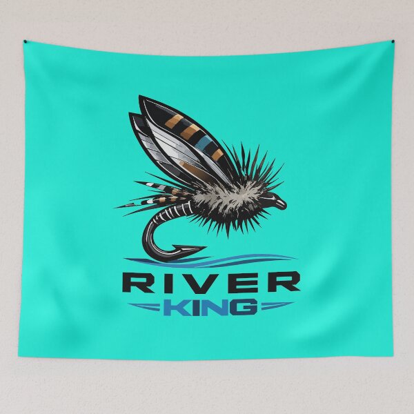 Item preview, Fly fishing illustration, logo style, text "River King". dry fly. designed and sold by Art-Horizon.