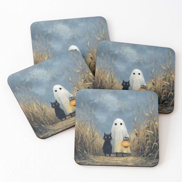 Item preview, Cute Ghost and Black Cat Lantern Cornfield Halloween Oil Painting designed and sold by GrinGalore.