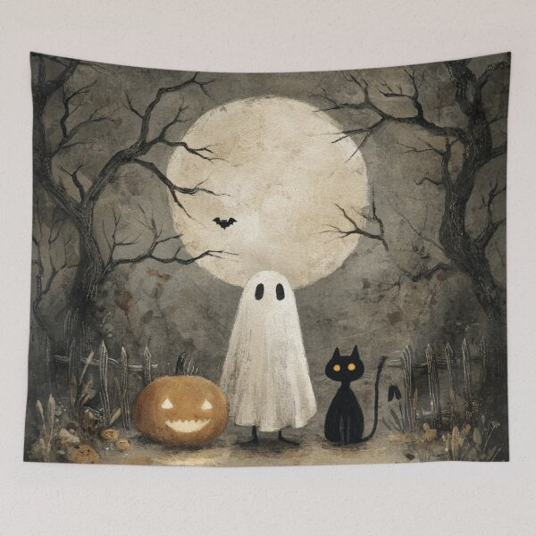 Item preview, Whimsigoth Ghost Black Cat Pumpkin Vintage Halloween Full Moon designed and sold by GrinGalore.