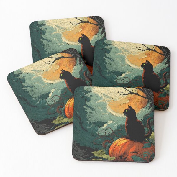 Item preview, Black Cat Pumpkin Patch Halloween Moonlit Woodcut Art designed and sold by GrinGalore.