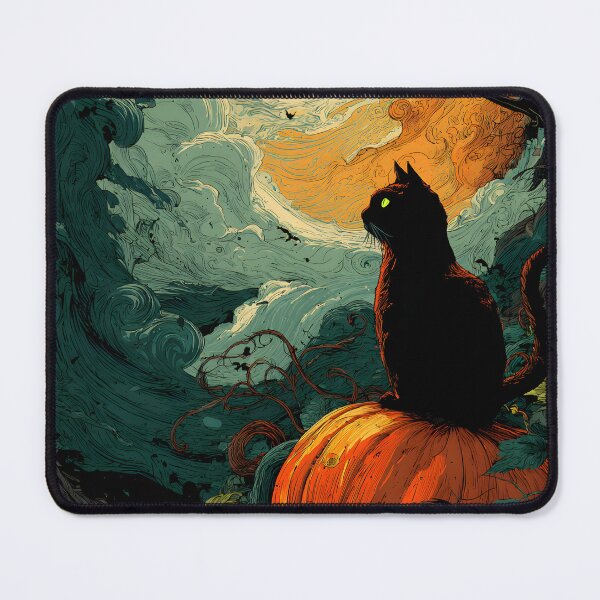 Item preview, Black Cat Pumpkin Patch Halloween Moonlit Woodcut Art designed and sold by GrinGalore.