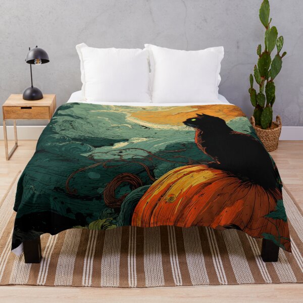 Item preview, Black Cat Pumpkin Patch Halloween Moonlit Woodcut Art designed and sold by GrinGalore.