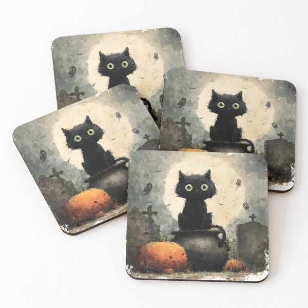Item preview, Cute Black Cat Cauldron Graveyard Full Moon Watercolor Art designed and sold by GrinGalore.
