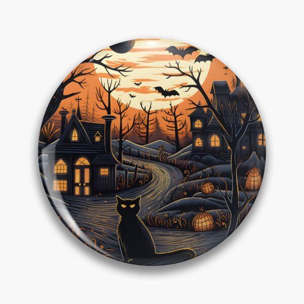 Item preview, Haunted Village Black Cat Pumpkin Full Moon Halloween Linocut Art designed and sold by GrinGalore.