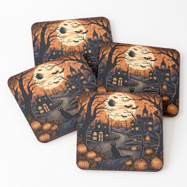 Item preview, Haunted Village Black Cat Pumpkin Full Moon Halloween Linocut Art designed and sold by GrinGalore.