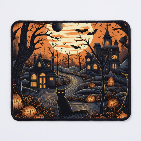 Item preview, Haunted Village Black Cat Pumpkin Full Moon Halloween Linocut Art designed and sold by GrinGalore.