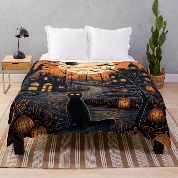 Item preview, Haunted Village Black Cat Pumpkin Full Moon Halloween Linocut Art designed and sold by GrinGalore.