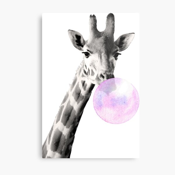 Giraffe, bubblegum, bubble, black and white, photo, giraffe bubblegum Metal Print