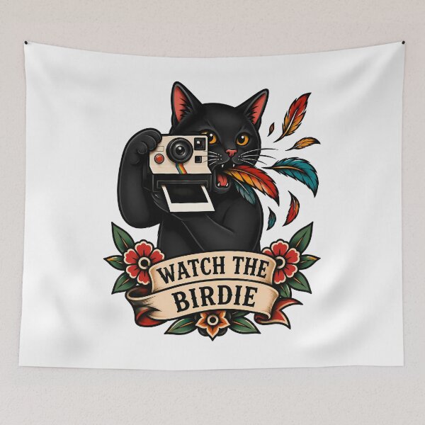 Item preview, Watch The Birdie Black Cat Vintage Camera Tattoo designed and sold by Old's Cool Cat Studio.