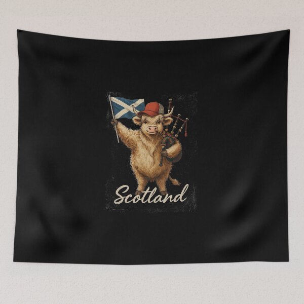 Item preview, Scotland Highland Cow Scottish Saltire Flag Bagpipes Mascot designed and sold by Enea Kelo.