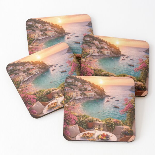 Item preview, Mediterranean Seaside Sunset Terrace with Coastal Village designed and sold by Yomere.