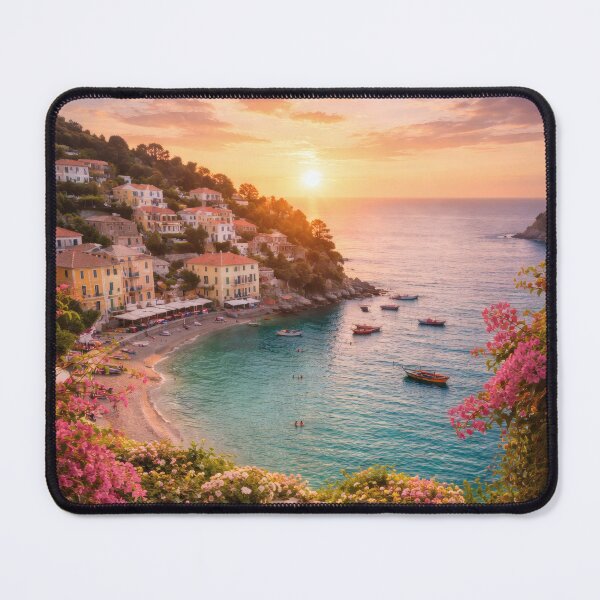 Item preview, Mediterranean Seaside Sunset Terrace with Coastal Village designed and sold by Yomere.