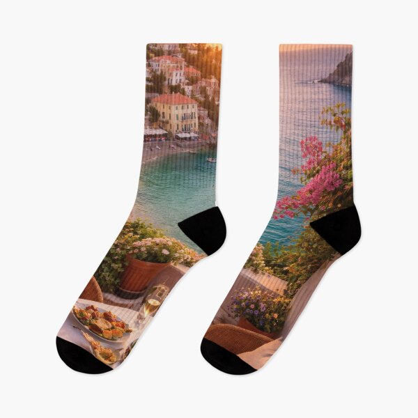 Item preview, Mediterranean Seaside Sunset Terrace with Coastal Village designed and sold by Yomere.
