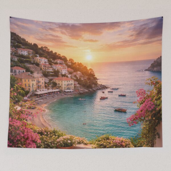 Item preview, Mediterranean Seaside Sunset Terrace with Coastal Village designed and sold by Yomere.