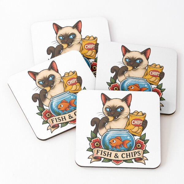 Item preview, Funny Siamese Fish and Chips Cat Tattoo Art designed and sold by Old's Cool Cat Studio.