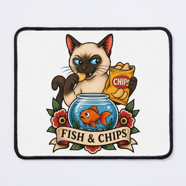 Item preview, Funny Siamese Fish and Chips Cat Tattoo Art designed and sold by Old's Cool Cat Studio.