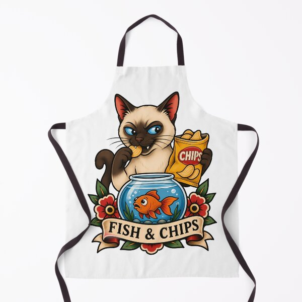 Item preview, Funny Siamese Fish and Chips Cat Tattoo Art designed and sold by Old's Cool Cat Studio.