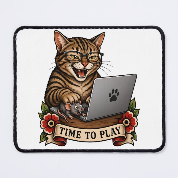 Item preview, Time to Play Vintage Gamer Cat Tattoo designed and sold by Old's Cool Cat Studio.