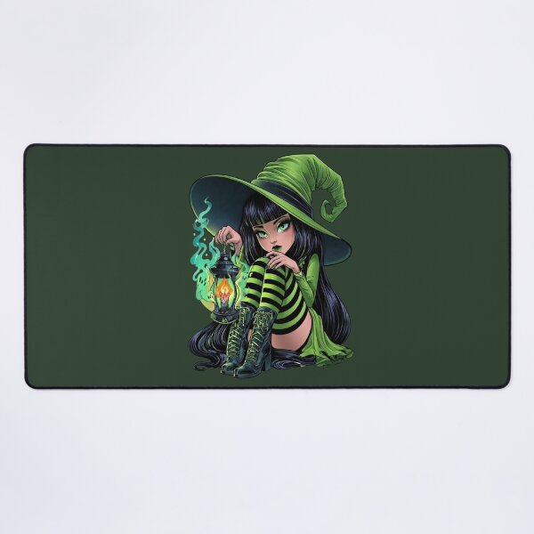 Item preview, Halloween Green Witch with Magic Lantern Cute Gothic Girl Witchcore Dark Fantasy Art  designed and sold by MythicMood.