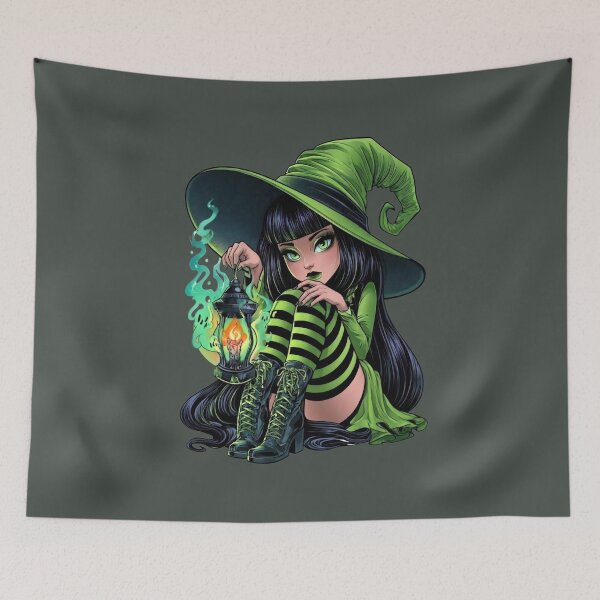 Item preview, Halloween Green Witch with Magic Lantern Cute Gothic Girl Witchcore Dark Fantasy Art  designed and sold by MythicMood.