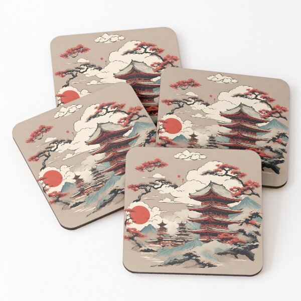 Item preview, Japanese Temple with Red Sun Landscape designed and sold by ZrnzoDesign.