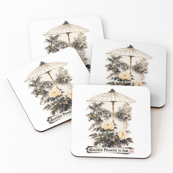 Item preview, Golden_Peonies_in_Ink_Brush_Redbubble designed and sold by aoisora-kiki55.