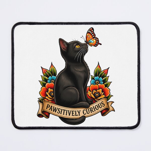 Item preview, Pawsitively Curious Black Cat Butterfly Tattoo designed and sold by Old's Cool Cat Studio.