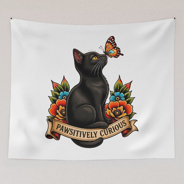 Item preview, Pawsitively Curious Black Cat Butterfly Tattoo designed and sold by Old's Cool Cat Studio.