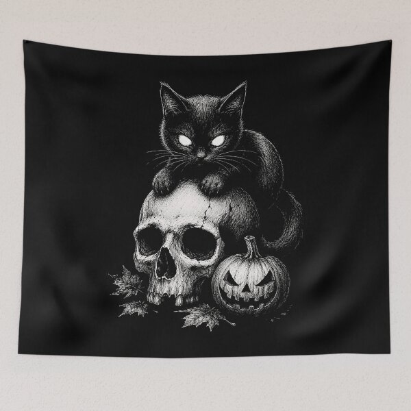 Item preview, Spooky black cat on a skull with a pumpkin halloween designed and sold by rafaeltto.