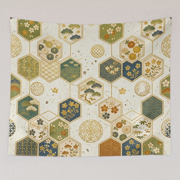 Item preview, Japanese Washi Paper Hexagon Pattern | Seamless Sakura & Geometric Floral Design | Elegant Gold Surface Print designed and sold by lavanya11.