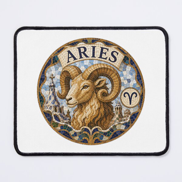 Item preview, Aries Zodiac Ram Mosaic Emblem — Ornate Astrological Sign with Golden Ram Head and Decorative Tiles designed and sold by portokalis.