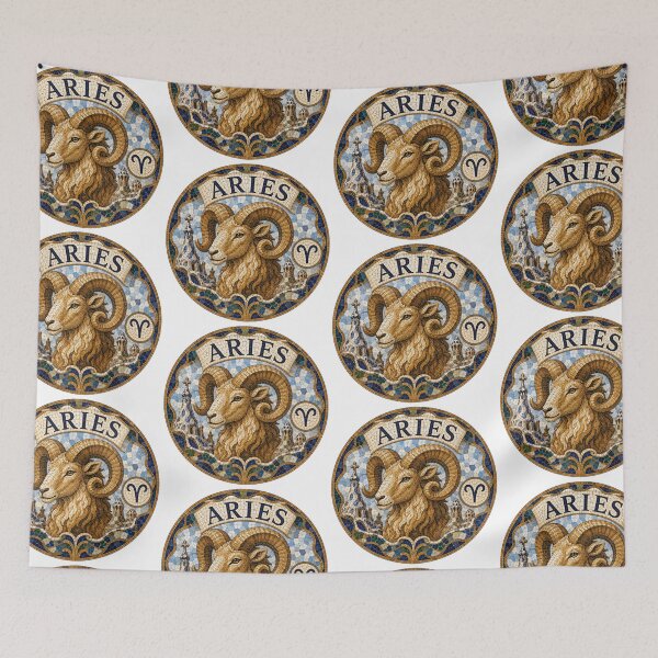 Item preview, Aries Zodiac Ram Mosaic Emblem — Ornate Astrological Sign with Golden Ram Head and Decorative Tiles designed and sold by portokalis.