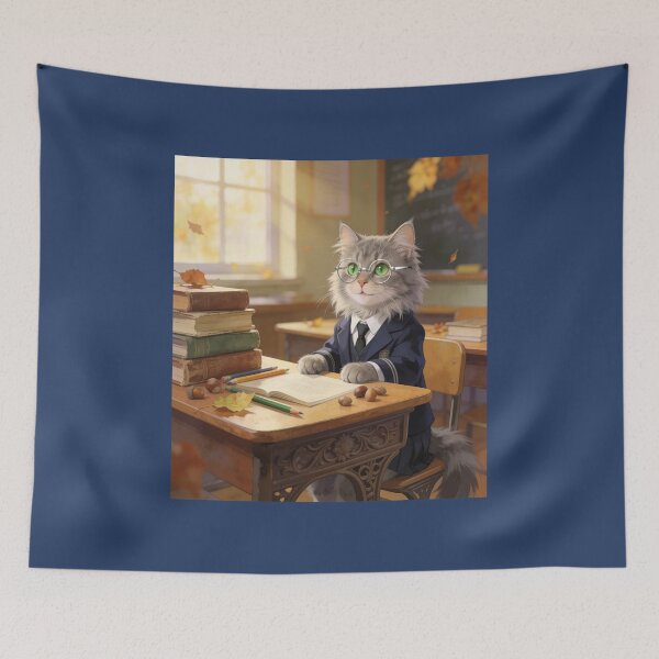 Item preview, Gray Maine Coon Teacher in Blue Suit Sitting in Elegant Office designed and sold by OksArtStudio.