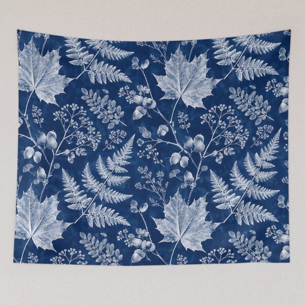 Item preview, Vintage Cyanotype Autumn Botanical Leaf Pattern designed and sold by Thai Vibe Studio.