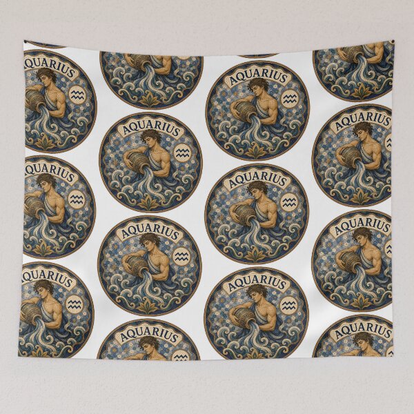 Item preview, Aquarius Zodiac Mosaic Water-Bearer Emblem — Classical Astrology Sign Decorative Round Tile Art designed and sold by portokalis.