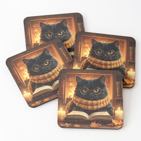 Item preview, Black Cat Reading a Book by Candlelight in Cozy Fireplace Library designed and sold by OksArtStudio.