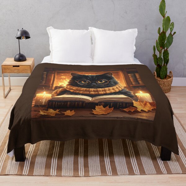 Item preview, Black Cat Reading a Book by Candlelight in Cozy Fireplace Library designed and sold by OksArtStudio.