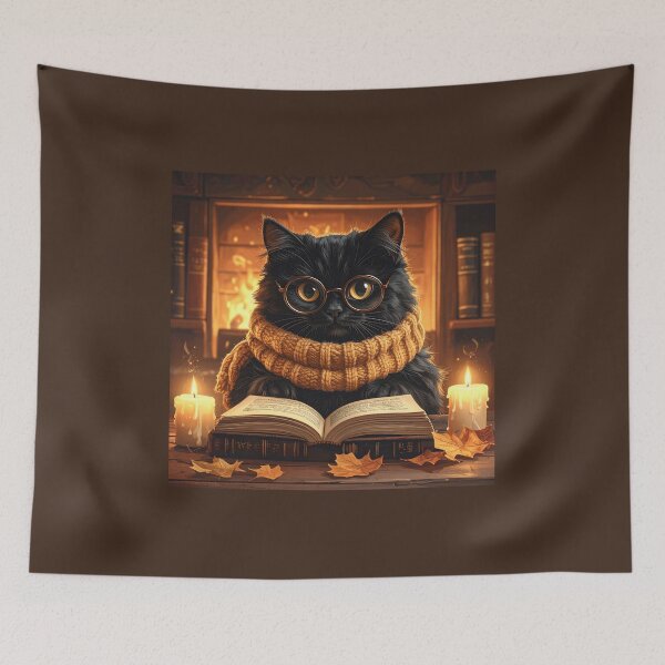 Item preview, Black Cat Reading a Book by Candlelight in Cozy Fireplace Library designed and sold by OksArtStudio.