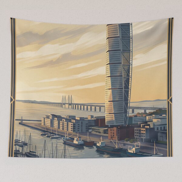 Item preview, Malmö Sweden Vintage Travel Poster – Turning Torso & Öresund Bridge Art designed and sold by Bomax121.