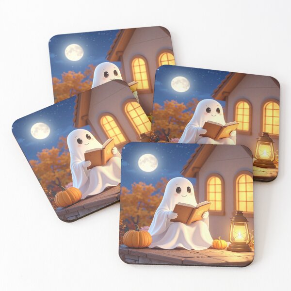 Item preview, Cute Ghost Reading a Book on a Rooftop Under the Moon designed and sold by OksArtStudio.