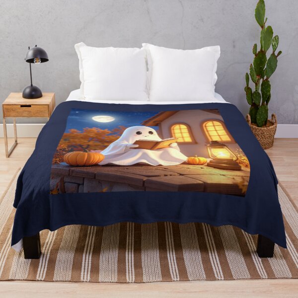 Item preview, Cute Ghost Reading a Book on a Rooftop Under the Moon designed and sold by OksArtStudio.